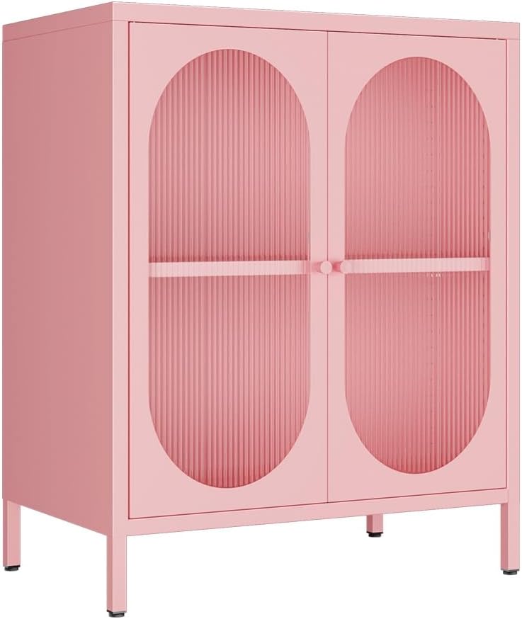 Kitchen - 小型の透明扉付き金属製収納キャビネット。部屋、玄関、廊下、キッチンなどに最適。取り外し可能な棚が1つ付属。 （ピンク、透明ドア）