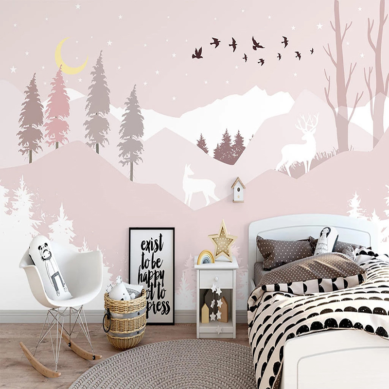 Bedding - カスタムメイドの任意サイズ壁画壁紙 - 子供部屋の装飾用の山の風景をあしらった3D手描きの森の鹿の漫画デザイン