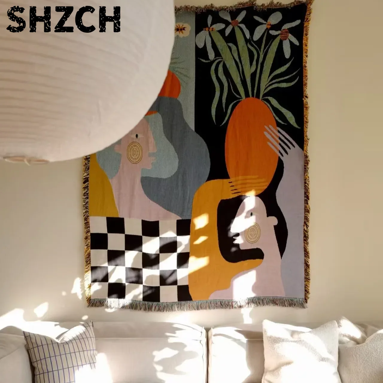 Boho Throw Blanket Fringe - モダンな抽象アートのタペストリー。ボヘミアン調の織り模様とカラフルな幾何学模様、そしてフリンジがあしらわれた装飾用ブランケットとして、壁に飾るのに最適。