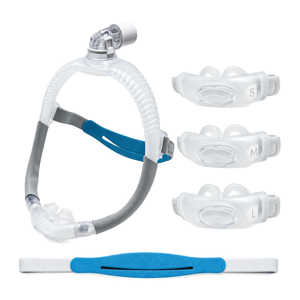 Anti Snore Contour Pillow - AirFit P30i 鼻用ピロー付きCPAPマスク。ヘッドギアフレーム、シリコン製ピロークッション付き。S/M/Lサイズ。睡眠時無呼吸症候群の緩和、いびき防止、健康維持に。