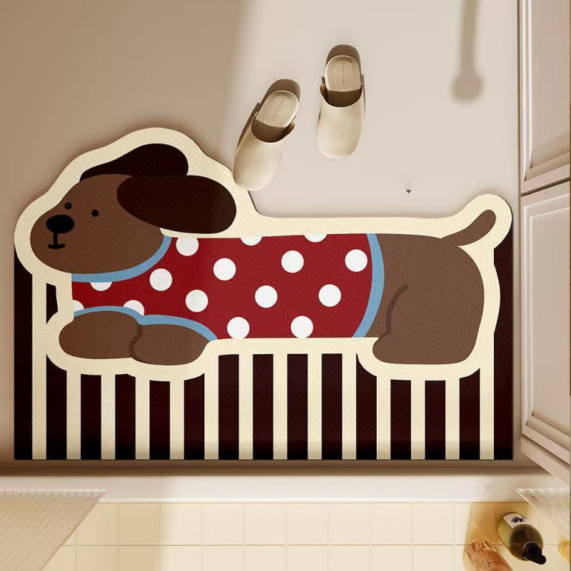 Quick Dry Diatomite Bath Mat - かわいいダックスフント犬柄バスマット 吸水性珪藻土製 ソフトドアマット 滑り止め バスルームラグ 洗濯可能