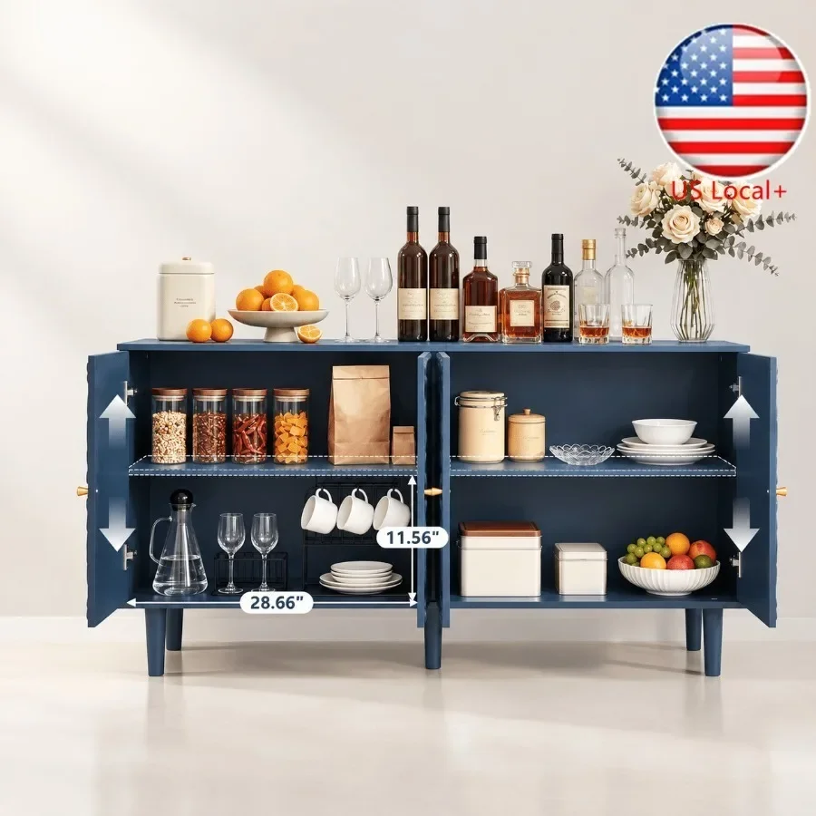 Storage & Organization - 59：ダイニングルーム用の収納付きビュッフェキャビネット。夜空色の花柄がエンボス加工された金属製のサイドボードで、錆びにくい仕上げ。