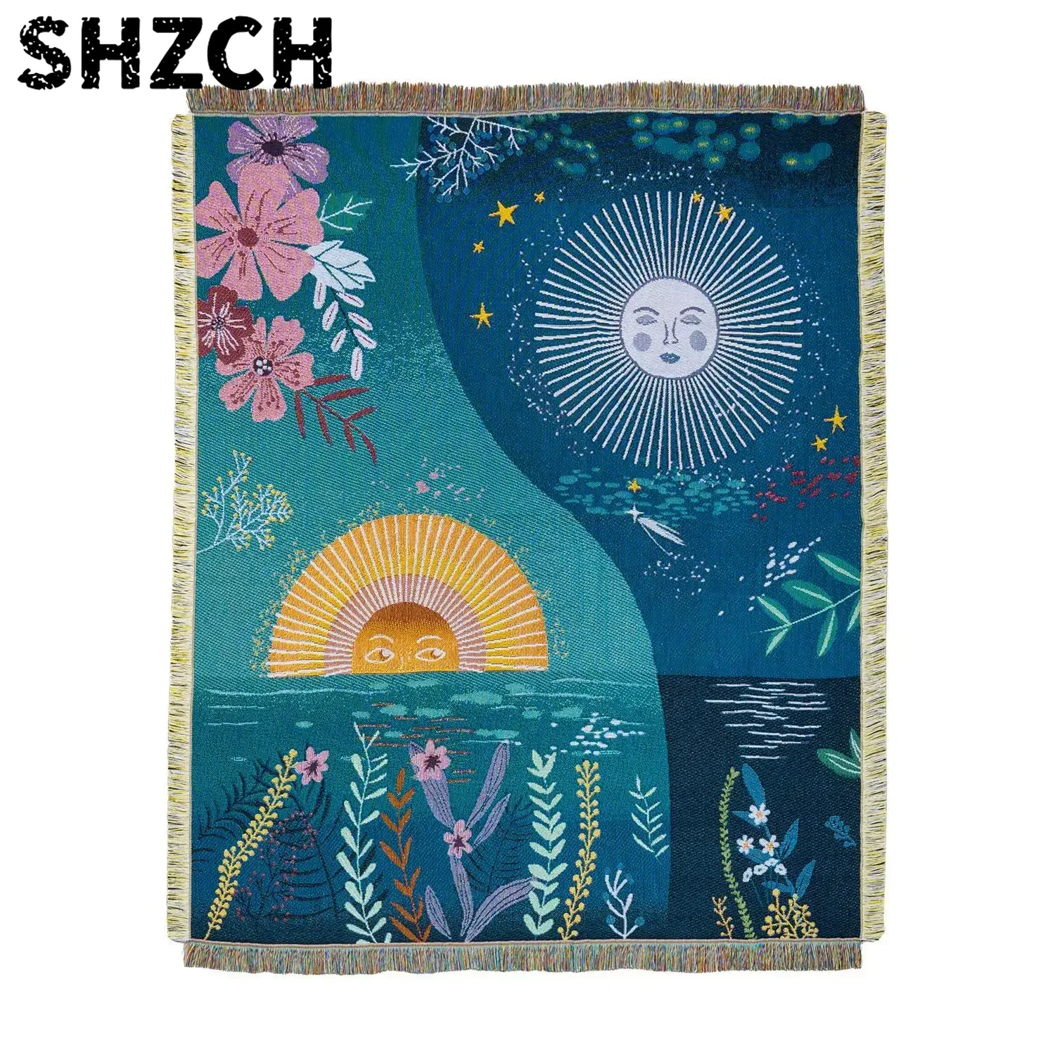 天体をモチーフにした太陽と月の織り模様が施された、ボヘミアン - Boho Throw Blanket Fringe のレビューと価格