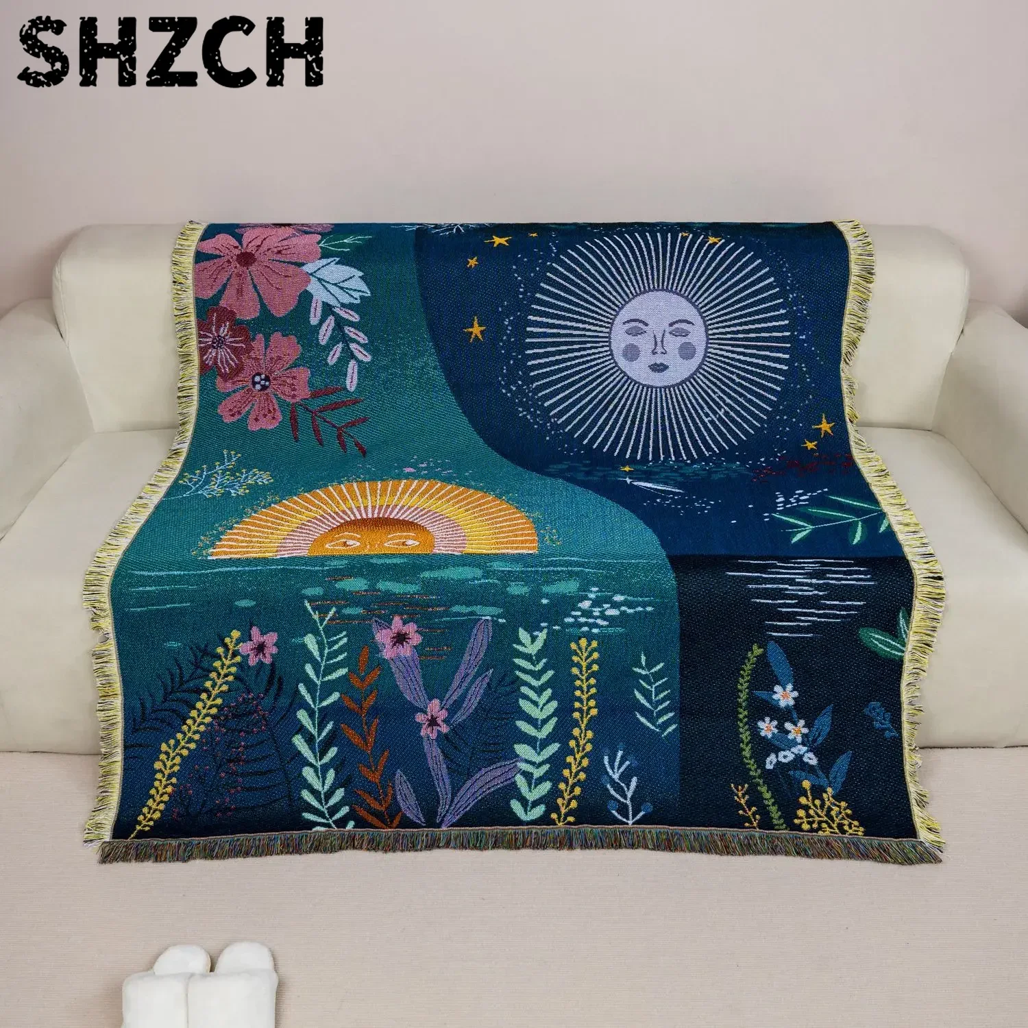 天体をモチーフにした太陽と月の織り模様が施された、ボヘミアン - Boho Throw Blanket Fringe のレビューと価格