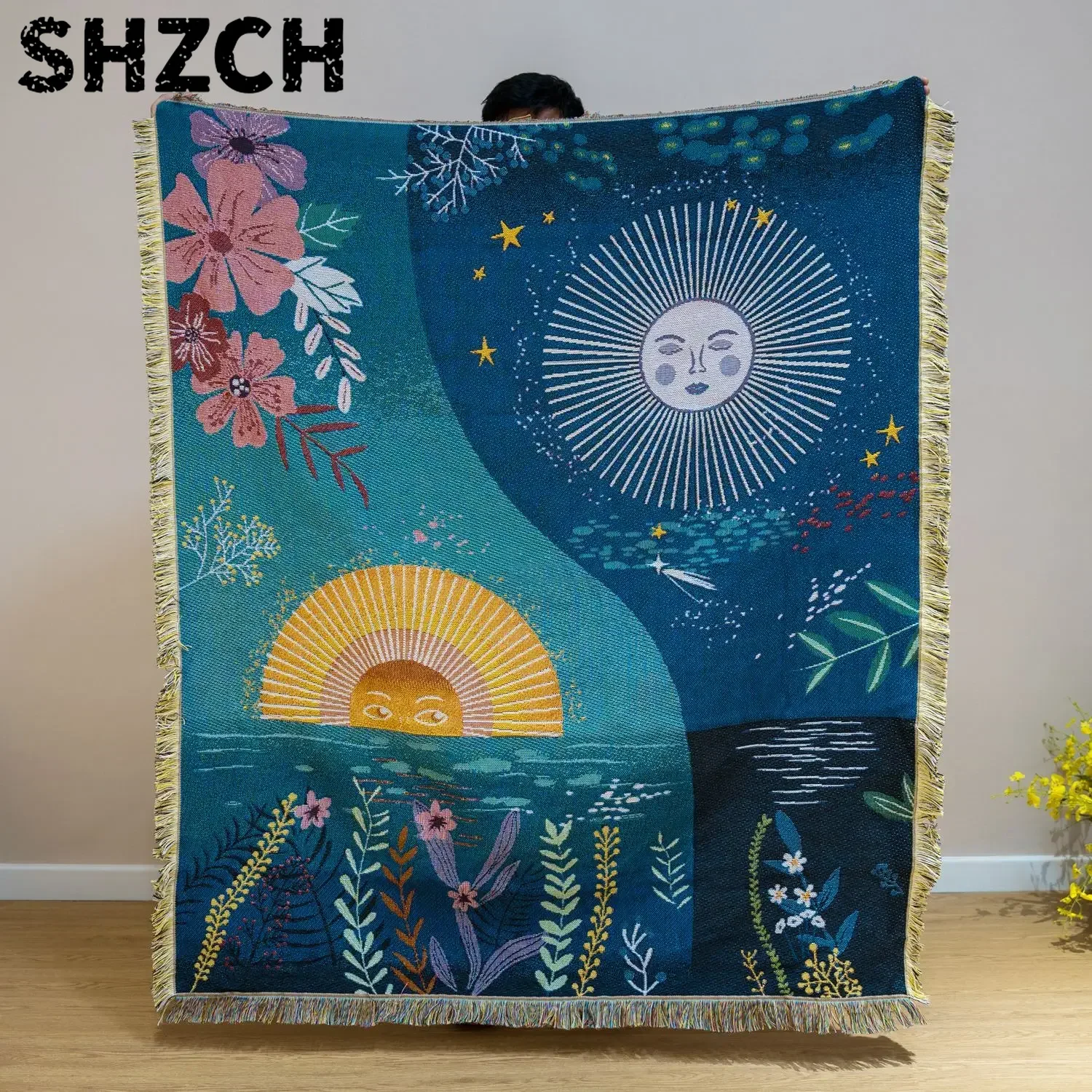 天体をモチーフにした太陽と月の織り模様が施された、ボヘミアン - Boho Throw Blanket Fringe のレビューと価格