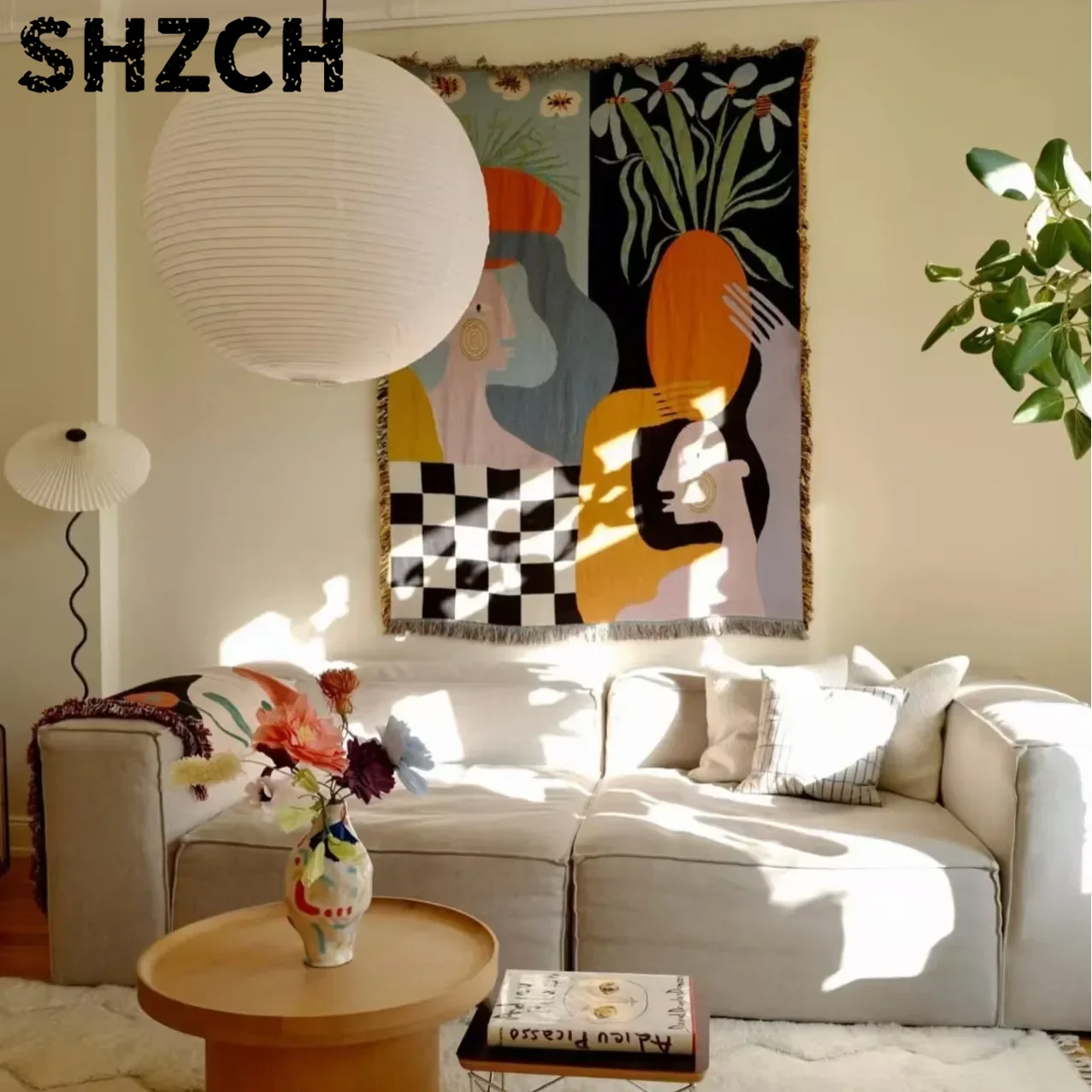 モダンな抽象アートのタペストリー。ボヘミアン調の織り模様とカ - Boho Throw Blanket Fringe のレビューと価格