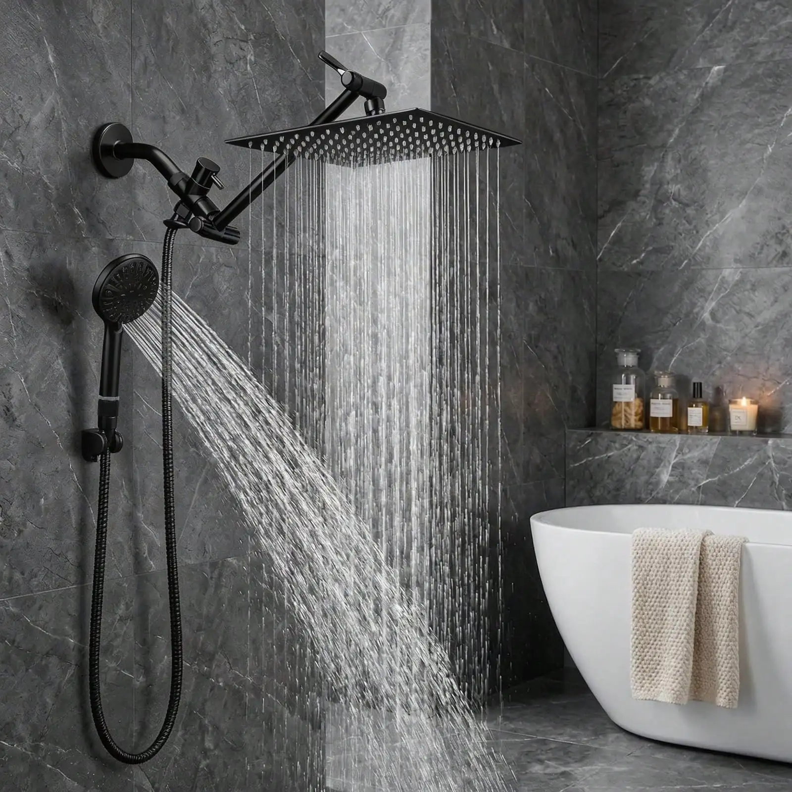 ハンドシャワー付きデュアルシャワーヘッド、8インチの雨のよう - High Pressure Shower Head Handheld のレビューと価格