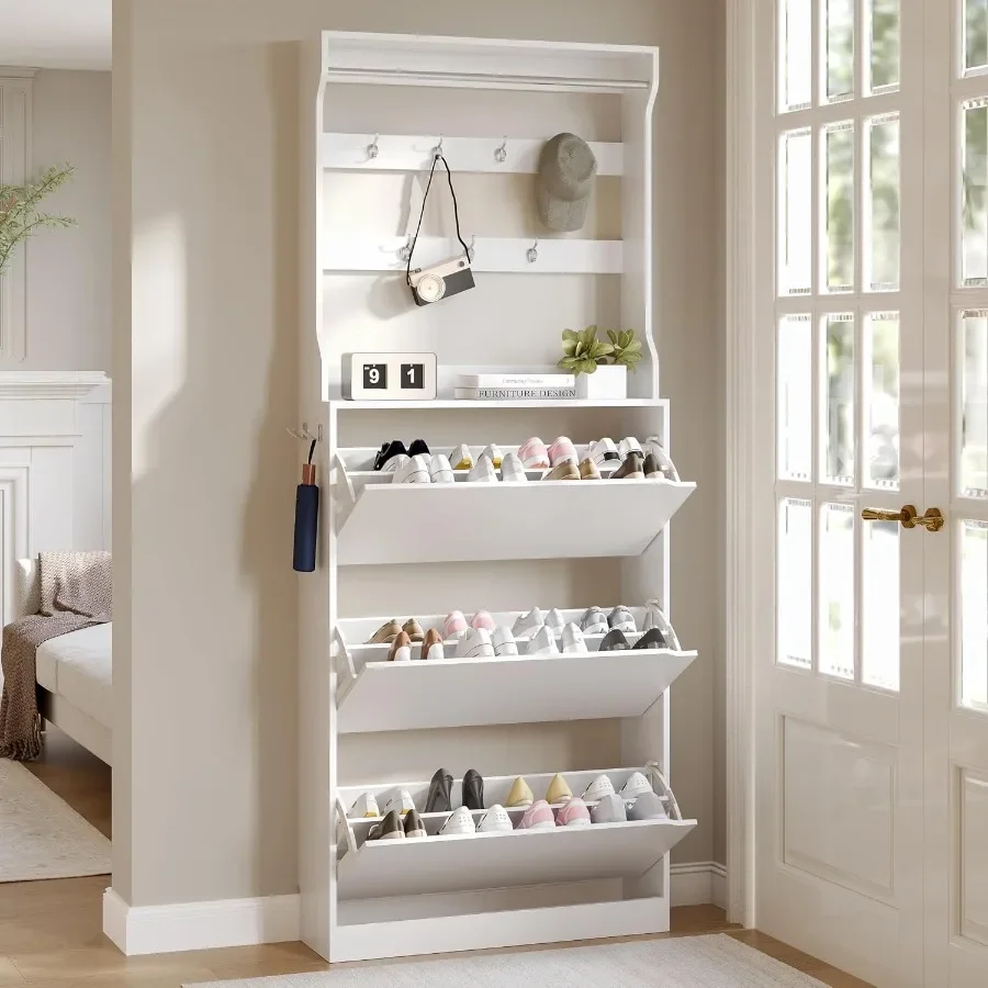玄関用の背の高い靴収納キャビネット。白いMDF製で、扉付きの - Storage & Organization のレビューと価格