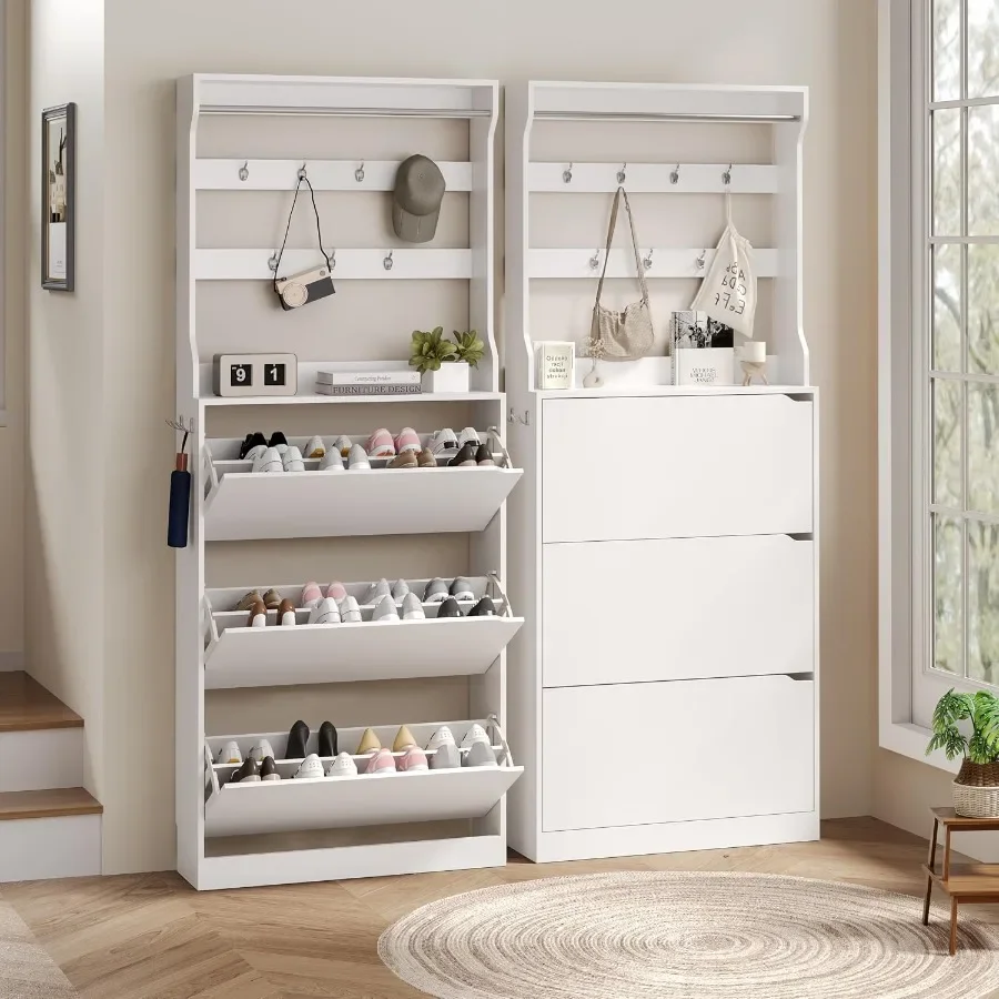 玄関用の背の高い靴収納キャビネット。白いMDF製で、扉付きの - Storage & Organization のレビューと価格