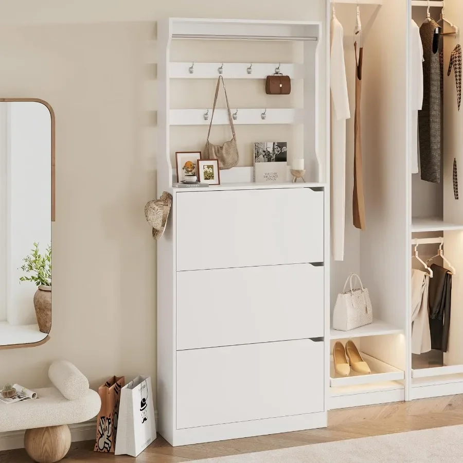 玄関用の背の高い靴収納キャビネット。白いMDF製で、扉付きの - Storage & Organization のレビューと価格