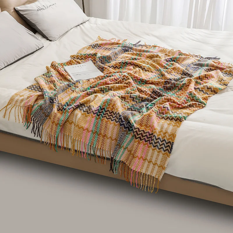 ボヘミアン調の波模様が施された、タッセル付きのブランケット。 - Boho Throw Blanket Fringe のレビューと価格